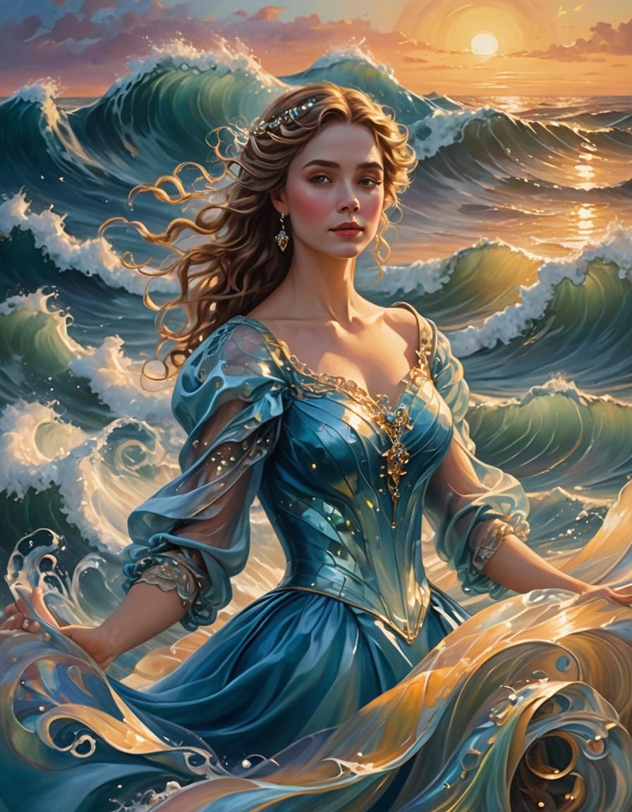 Fantasy Lady in Wavy Gown at Sunset