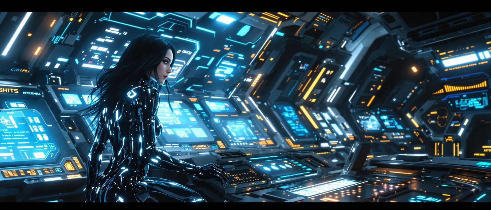 Sci-Fi Android Pilot on Starship Command Deck