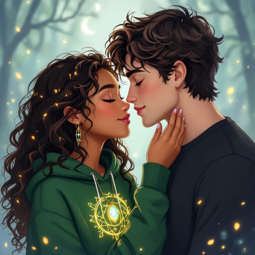 Intimate Kiss in Enchanted Twilight Dreamscape