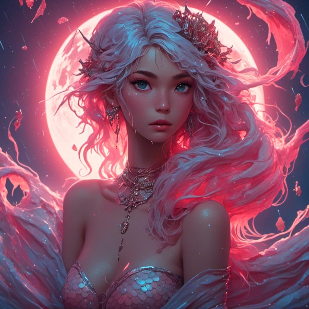 Beautiful Mermaid Portrait with Giant Moon Backdrop