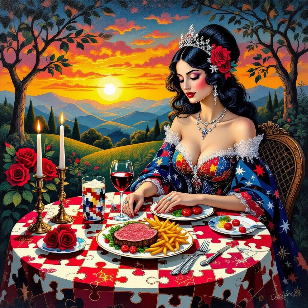 Surrealist Puzzle Sunset with Woman and Wolf