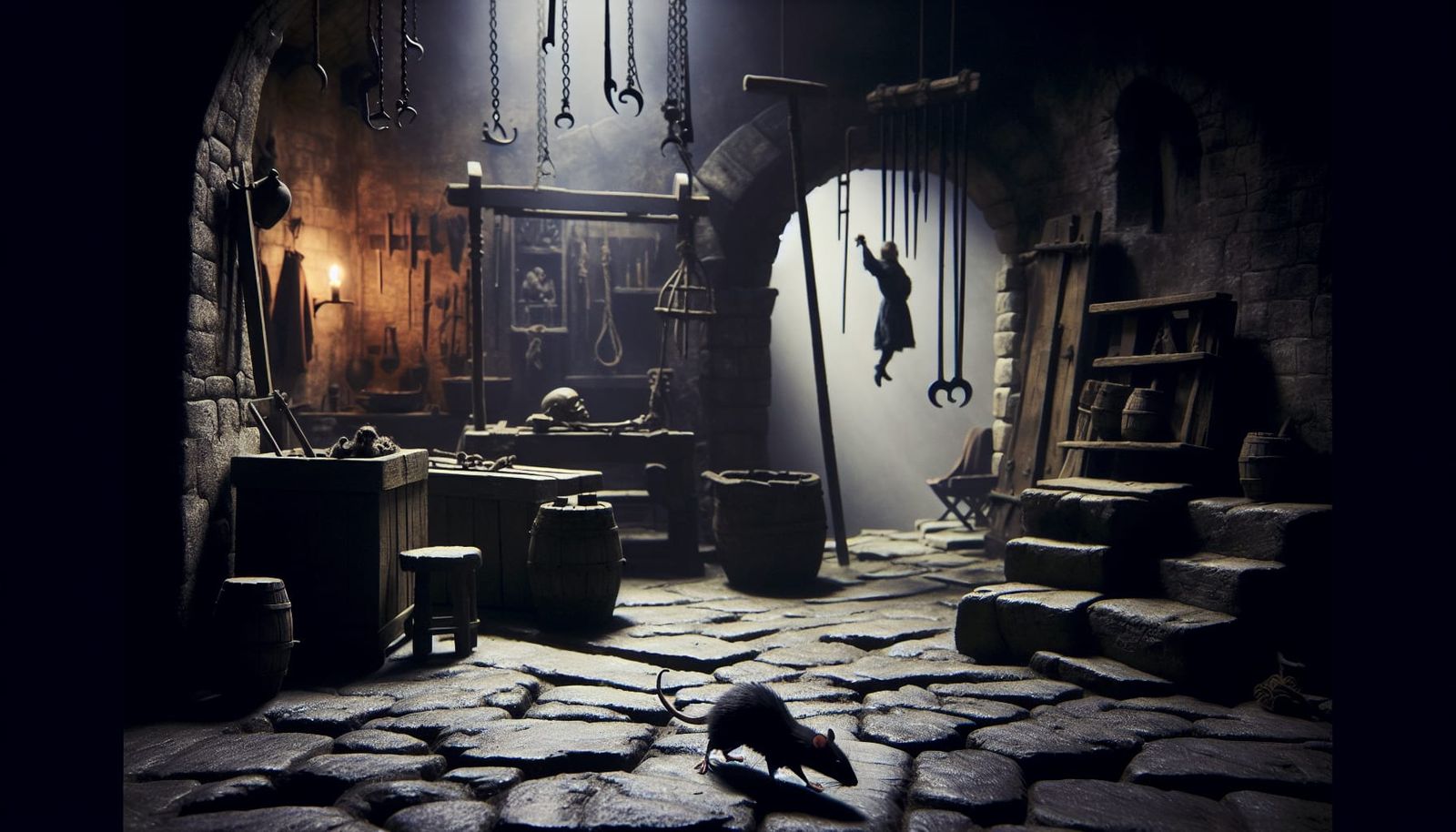 Grim Medieval Torture Chamber with Fleeing Rat