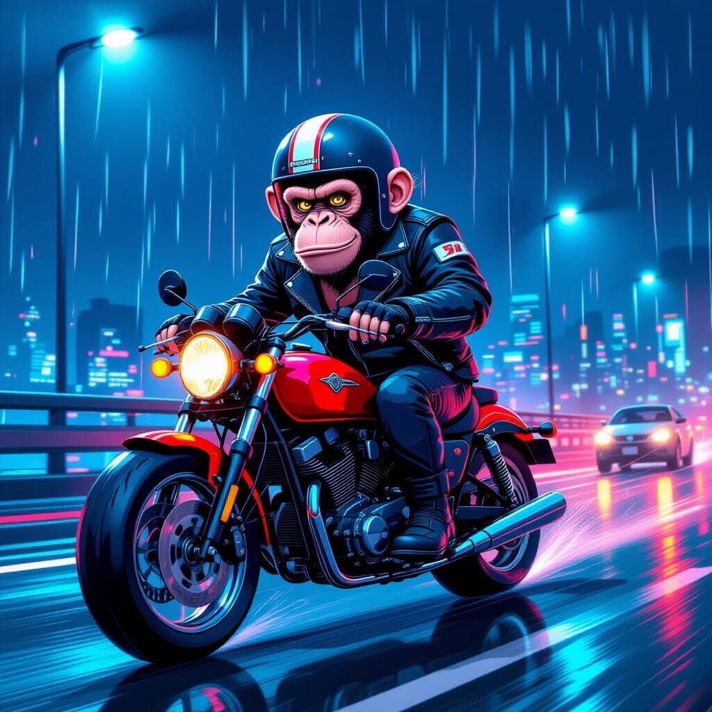 Cartoon Chimpanzee Biker on Rainy Highway: Cyberpunk Style
