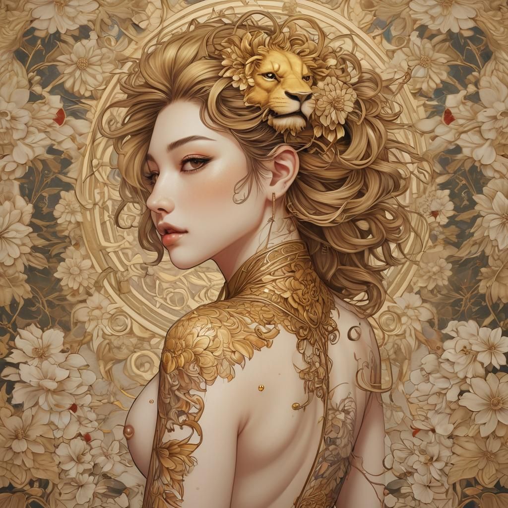 Anime Art: Woman with Golden Lion Tattoo