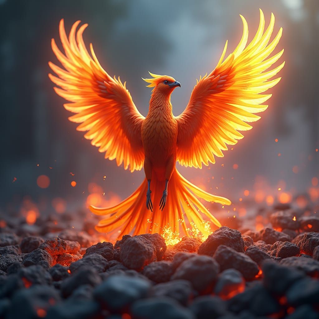 Majestic Phoenix Rising from Ashes in Photorealistic Detail
