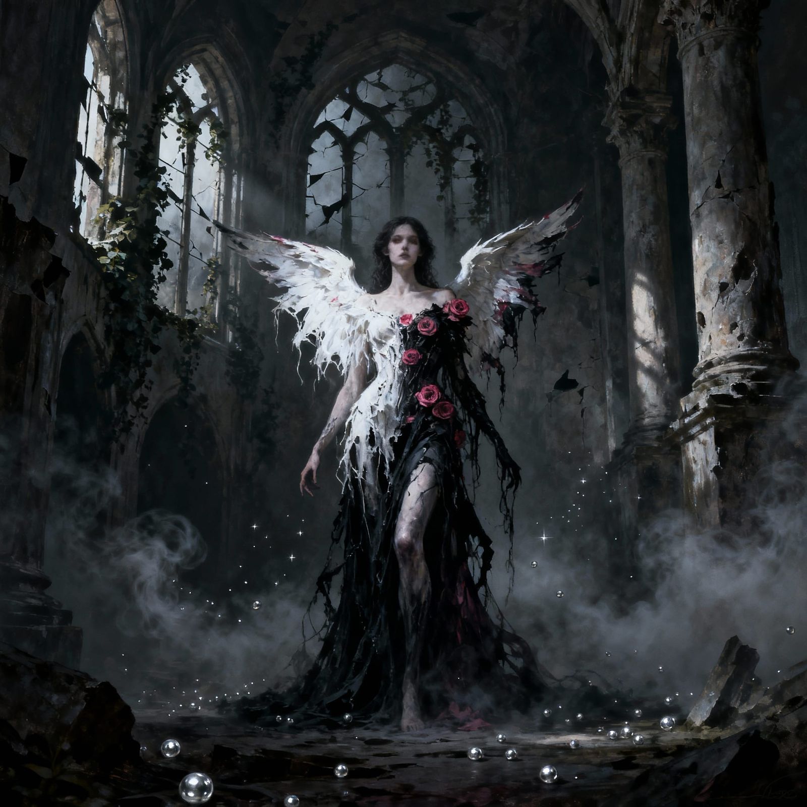 Dark Fantasy Angel in Ancient Ruins Oil Painting