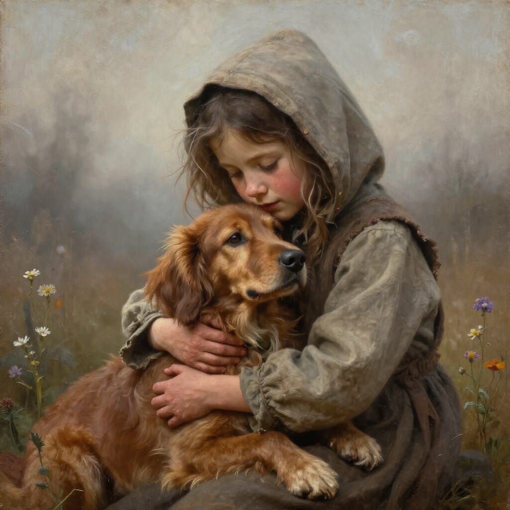 Girl Embraces Dog in Emotional Oil Painting