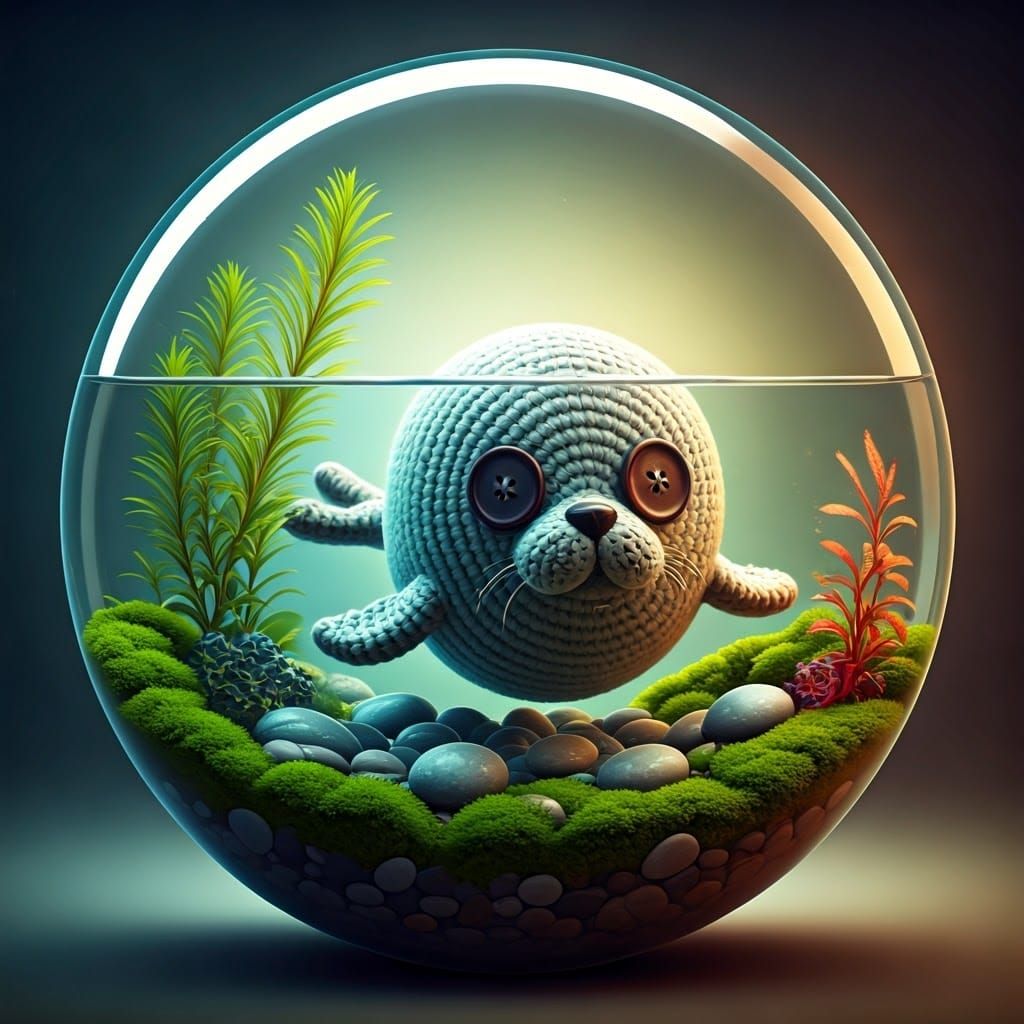 Crocheted Seal in Terrarium, as 3D Digital Art