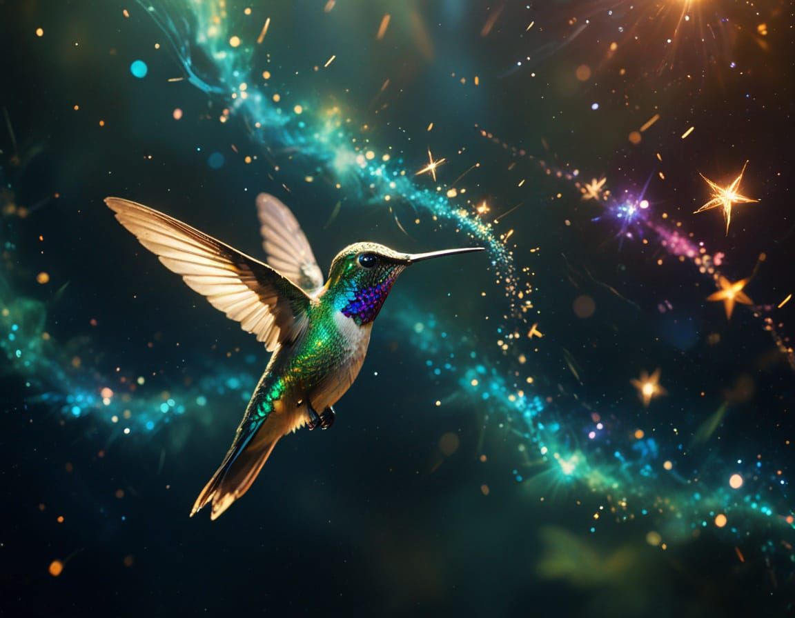 Ethereal Hummingbird in Whimsical Starry Setting