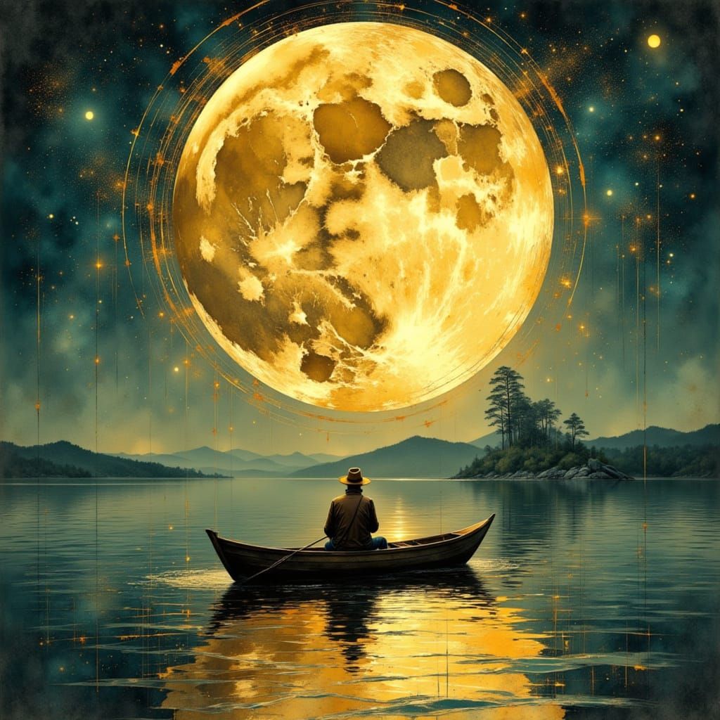 Fisherman Gazing at Moon in Mucha-Inspired Style