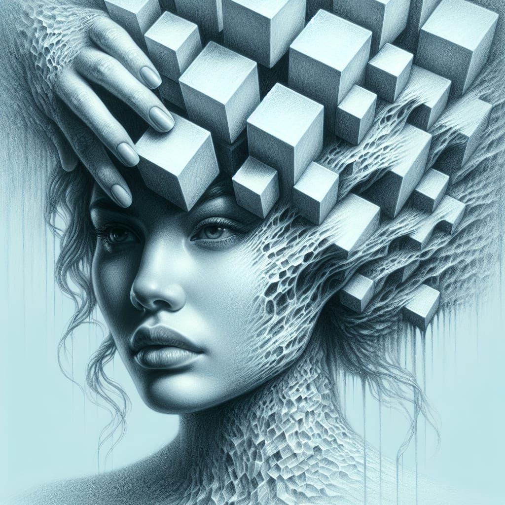 Ethereal Woman Portrait with Melting Cubes in Charcoal