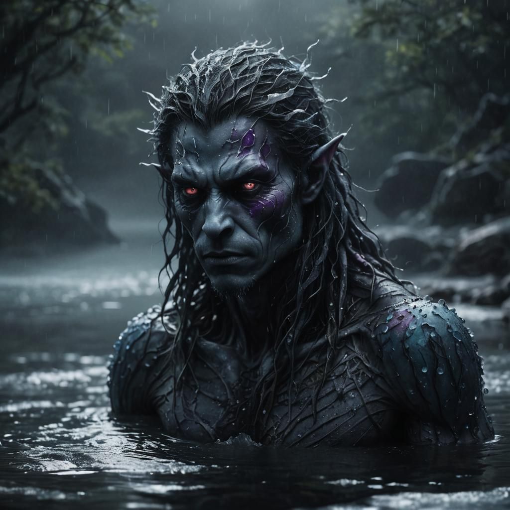Gray-Skinned Humanoid Creature in Dark Fantasy Landscape