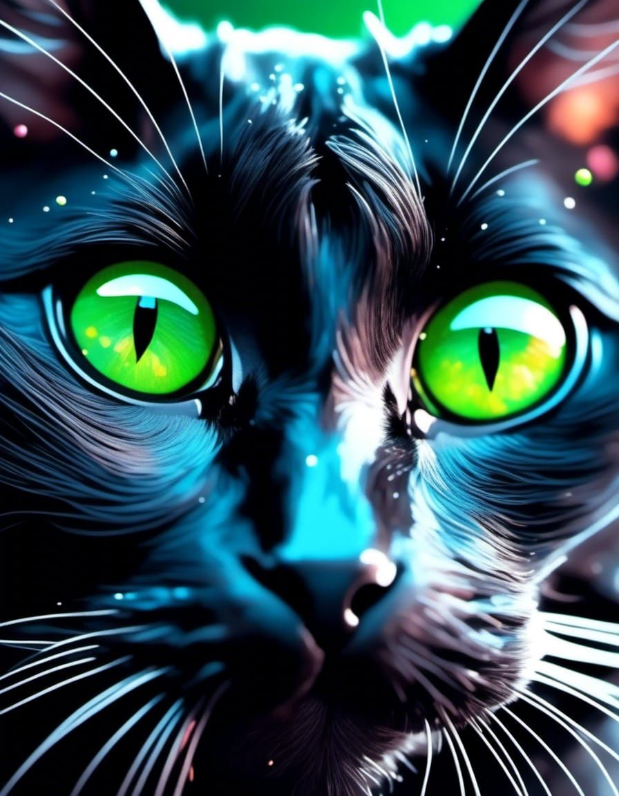 Shimmery Black Cat with Butterfly, Hyperrealistic Art