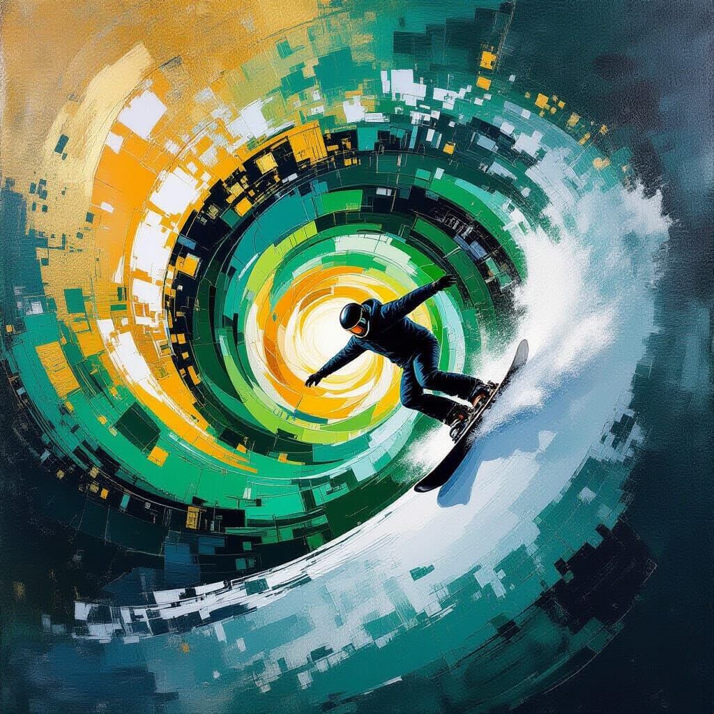 Snowboarder Soaring Above Emerald Vortex in Abstract Express...