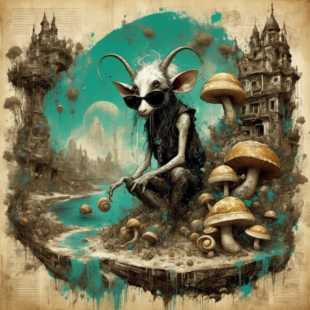 Surreal Snails on Floating Island in Golden Light