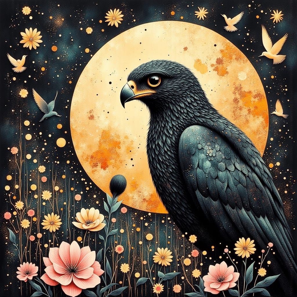 Dreamlike Hawk in Whimsical Oil and Charcoal