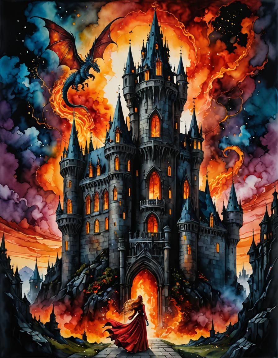 Ethereal Princess in Gothic Castle with Dragons