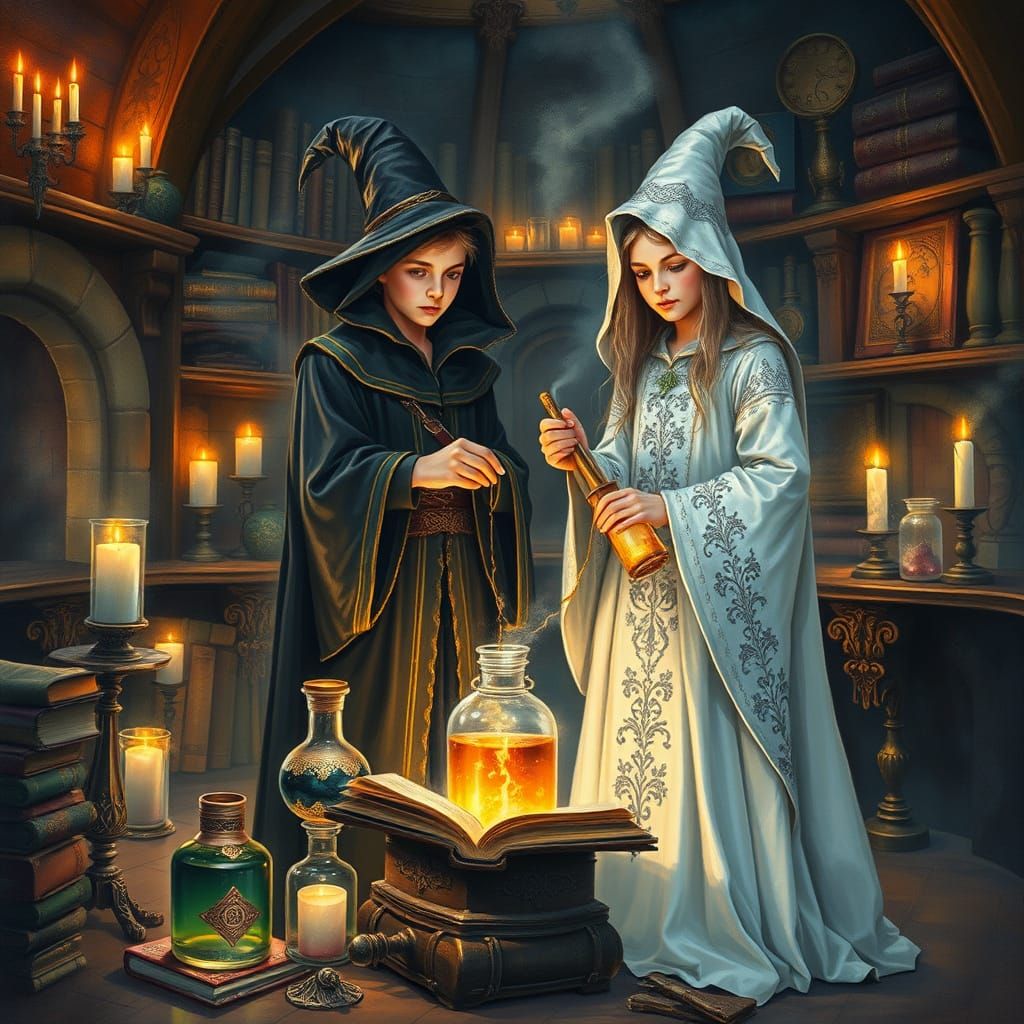 Mystical Potion Preparation in an Ancient Chamber