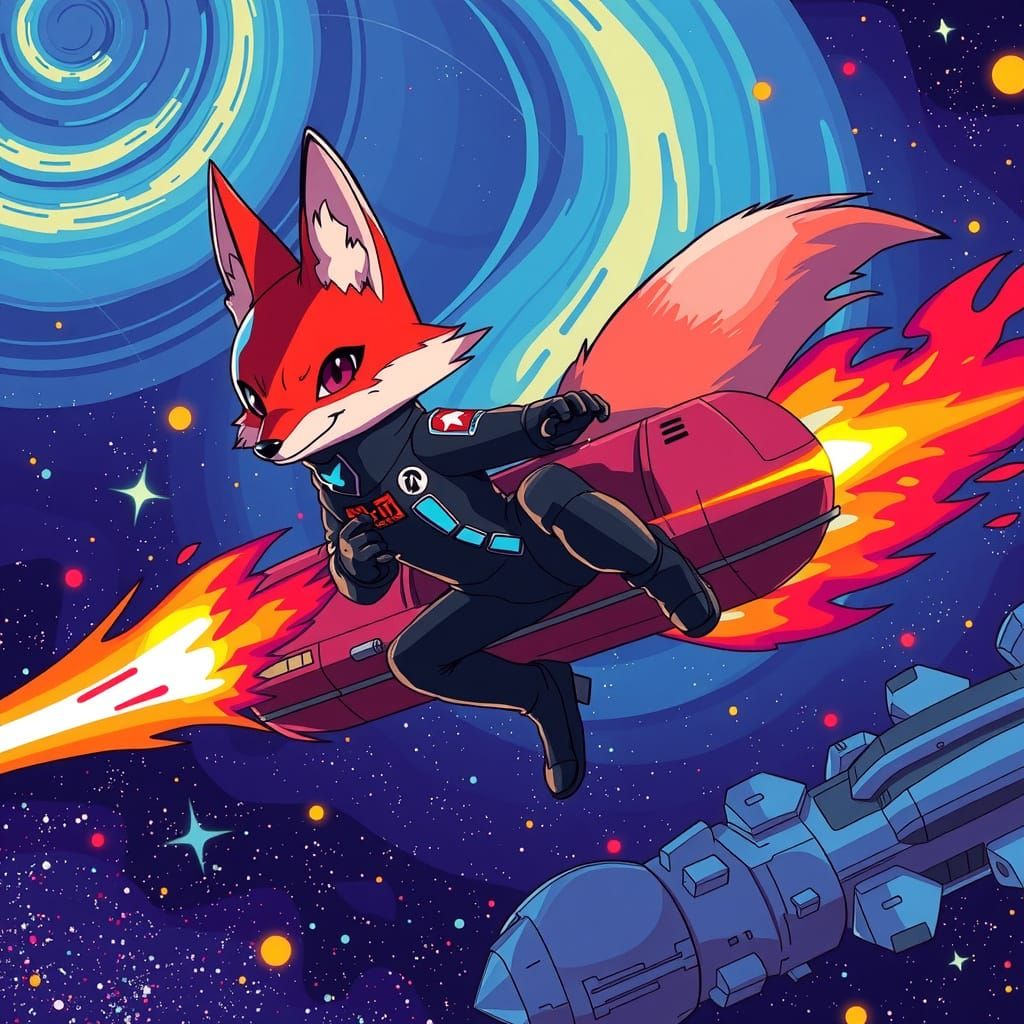 Red Fox Blasts Through Cosmos in Anime Style