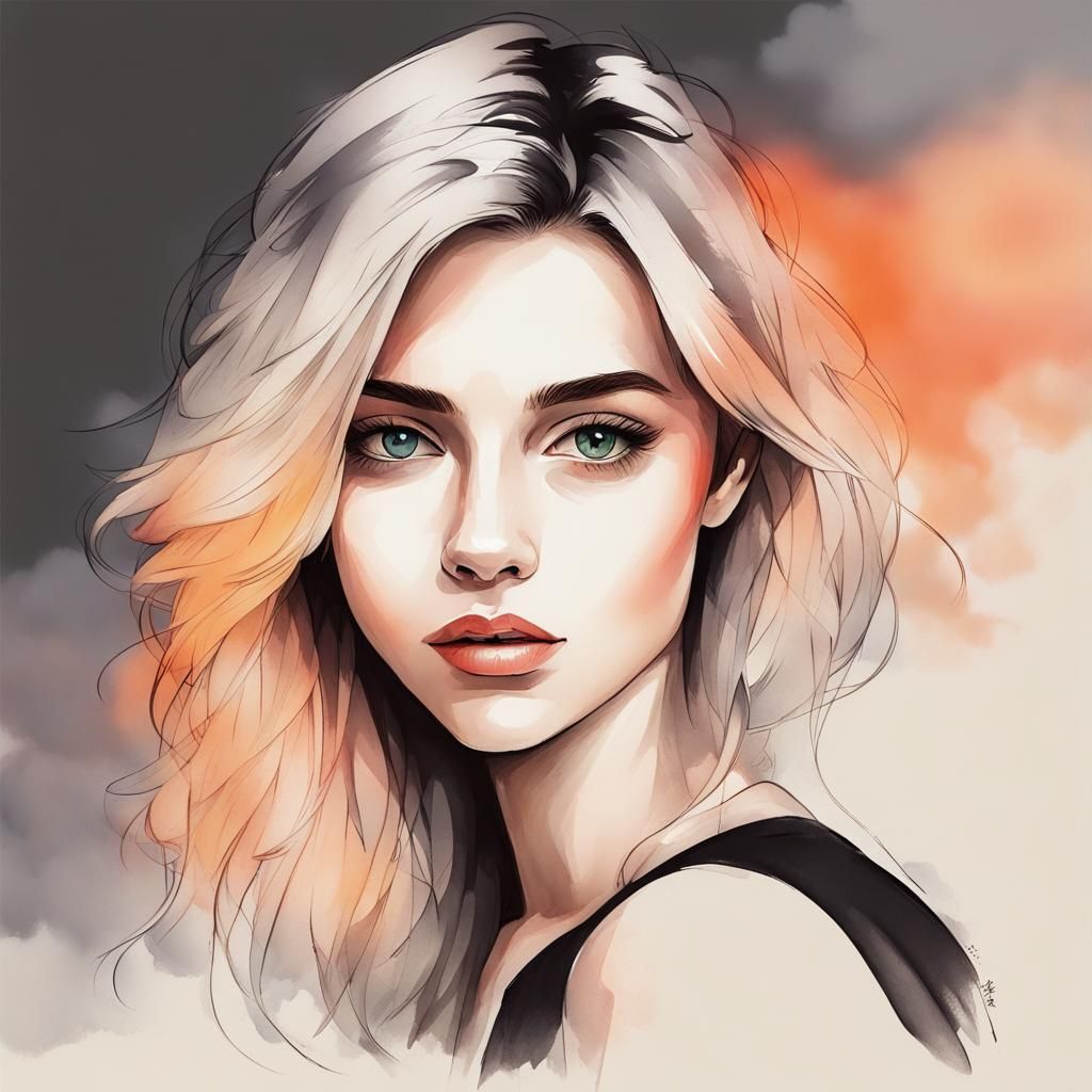 Attractive Young Woman in Modern Ink Painting
