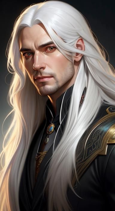 Handsome Man with Long White Hair: Digital Oil Painting