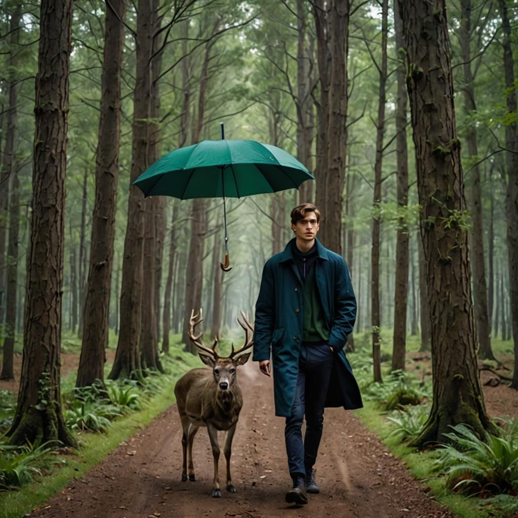Man with Umbrella on Forest Path with Deer