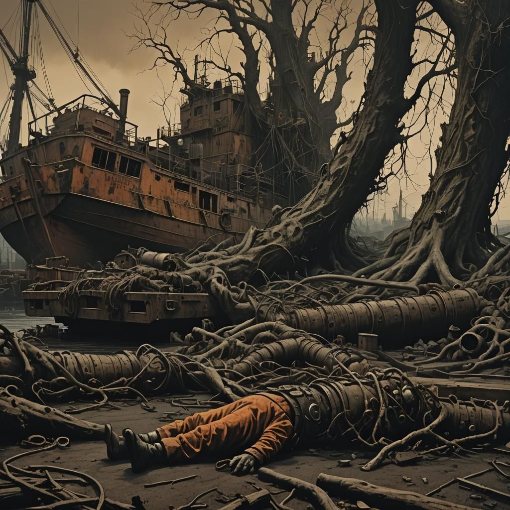 Ominous Divers by Abandoned Cargo Barges