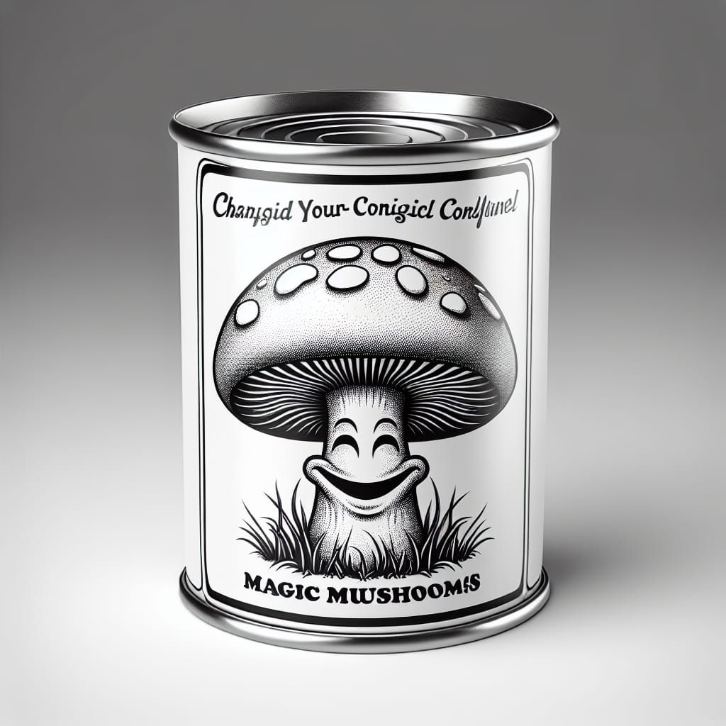 Magic Mushroom Tin Can with Cheerful Label
