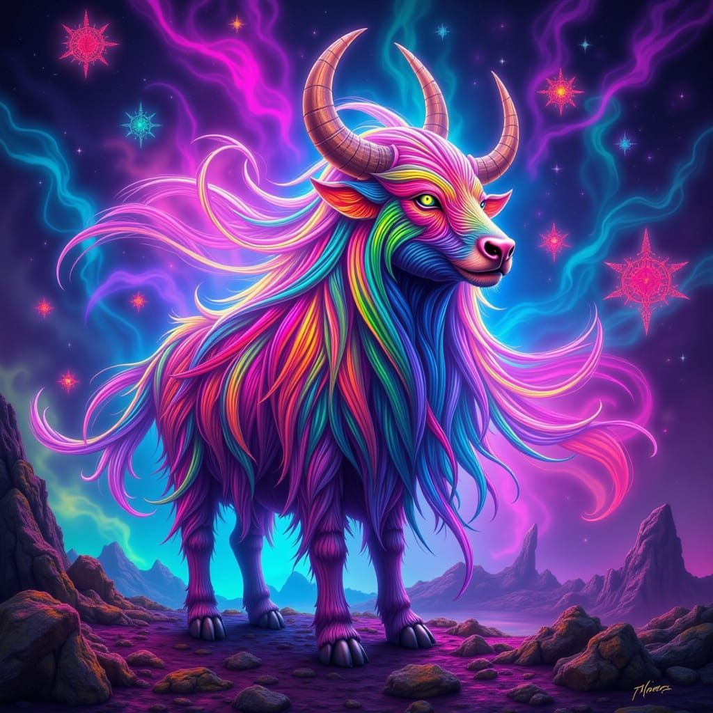 Neon Yak in Dreamlike Astral Landscape, Digital Art