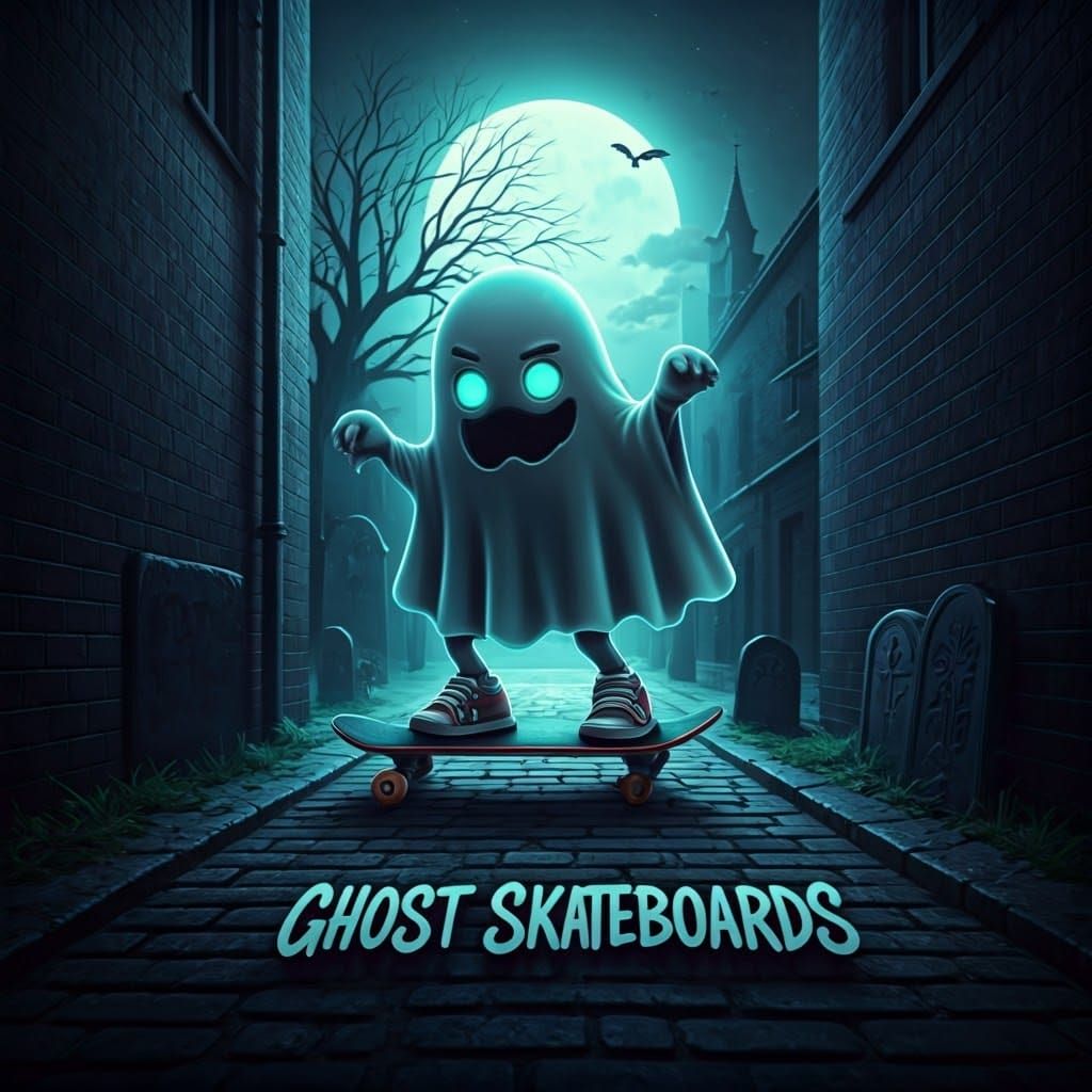 Realistic logo depicting a Cute Ghost riding a skateboard do...