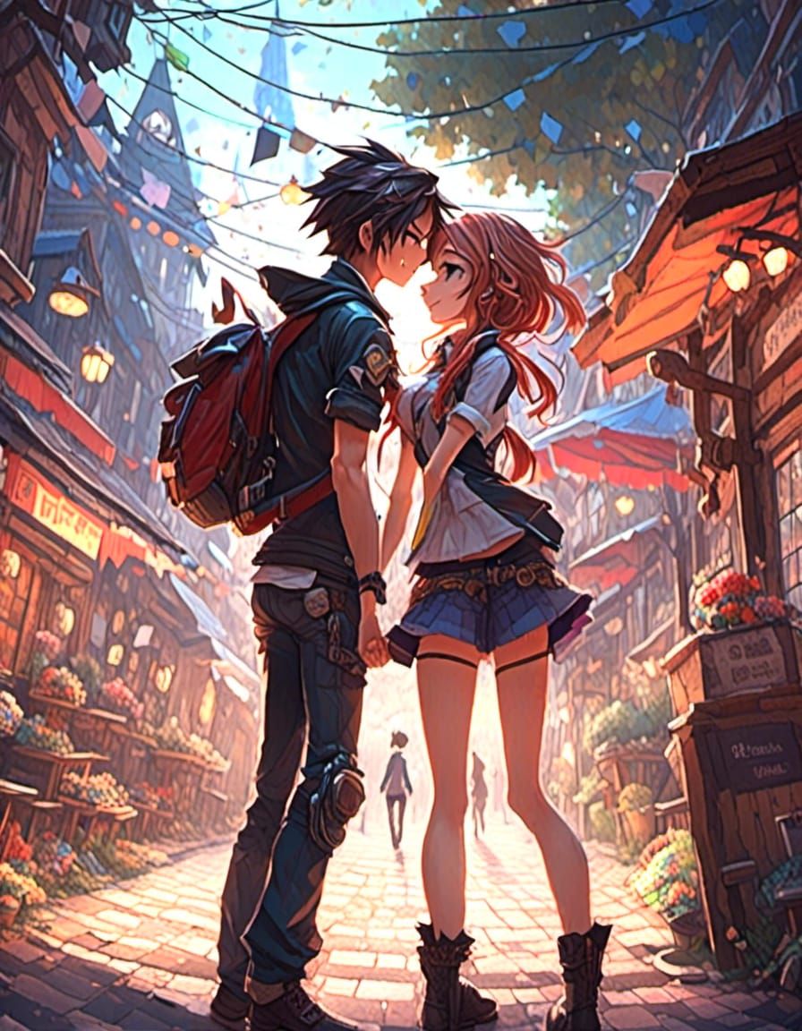 Romantic Couple Street Scene in Anime Style
