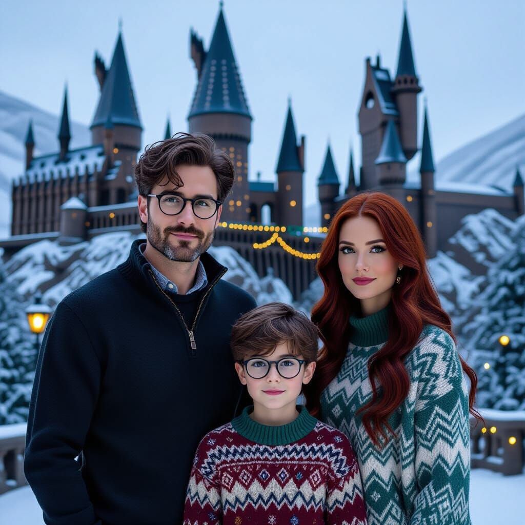Festive Hogwarts Family Portrait in Whimsical Style