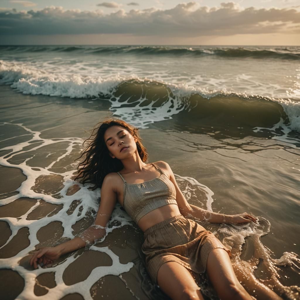 Woman in Ocean at Golden Hour: Cinematic Film Still