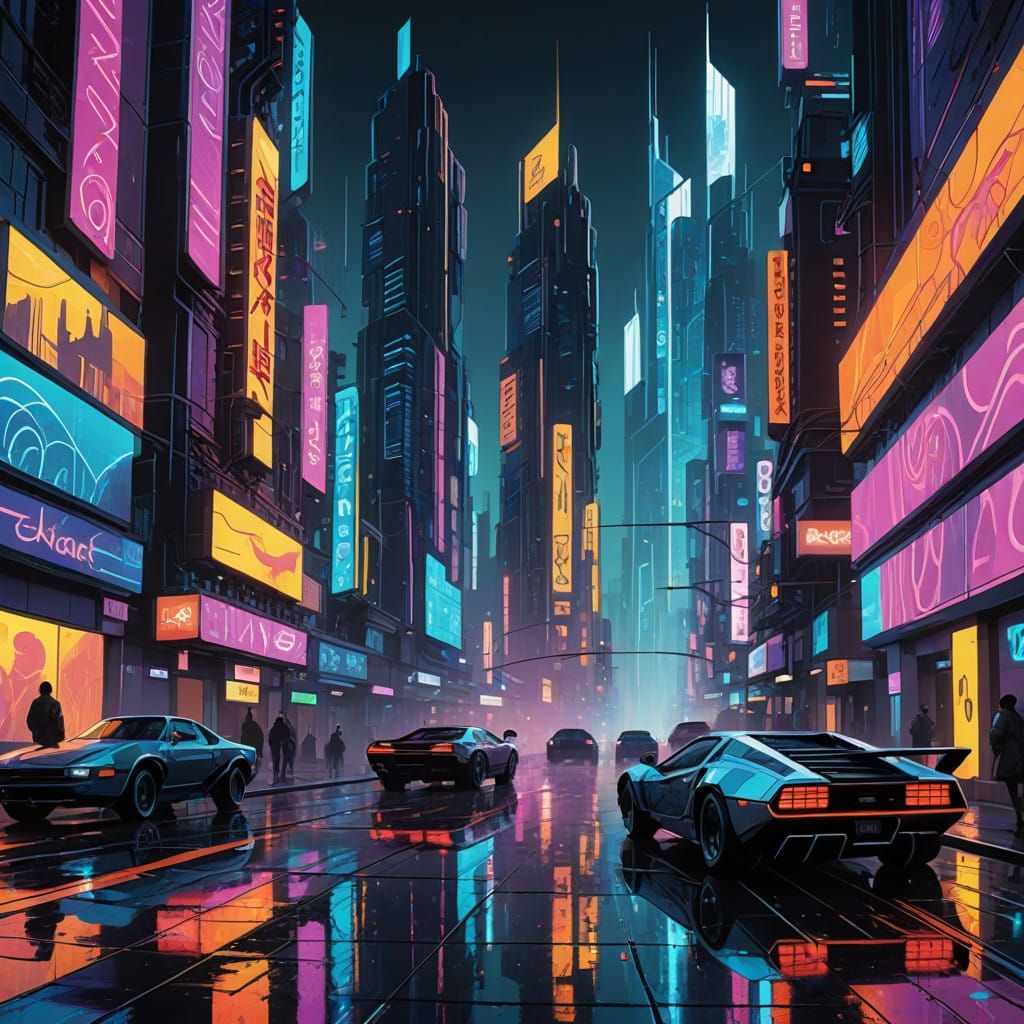 Futuristic Metropolis at Night, in a Cyberpunk Style