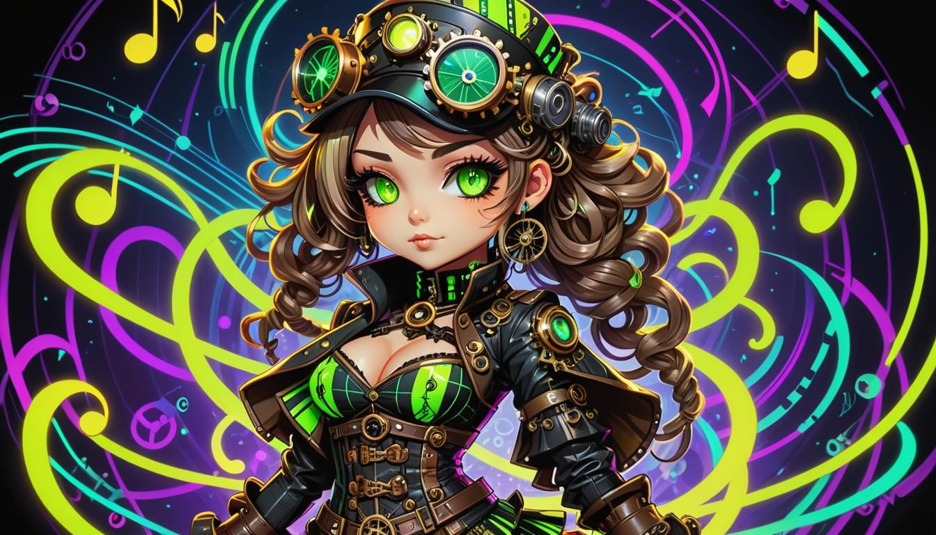 Steampunk Chibi Portrait in Neon Pop Art Style