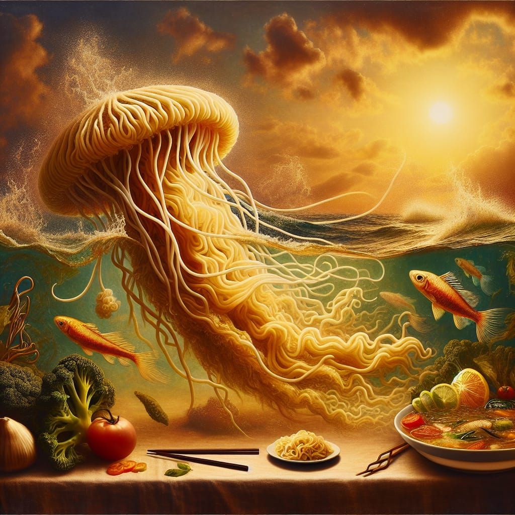 Ramen Noodle Jellyfish in a Surreal Ocean Scene