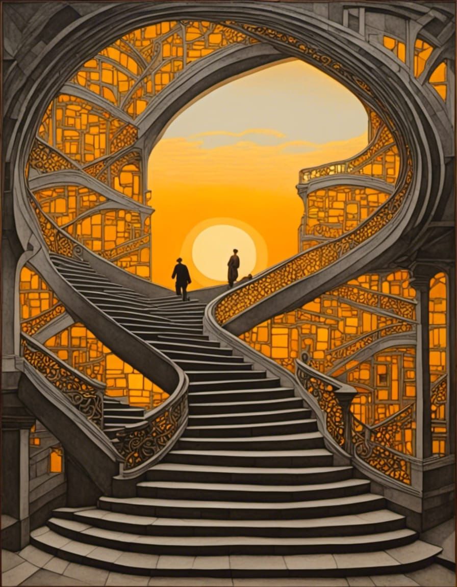 Surreal Golden Stairway in Escher Style