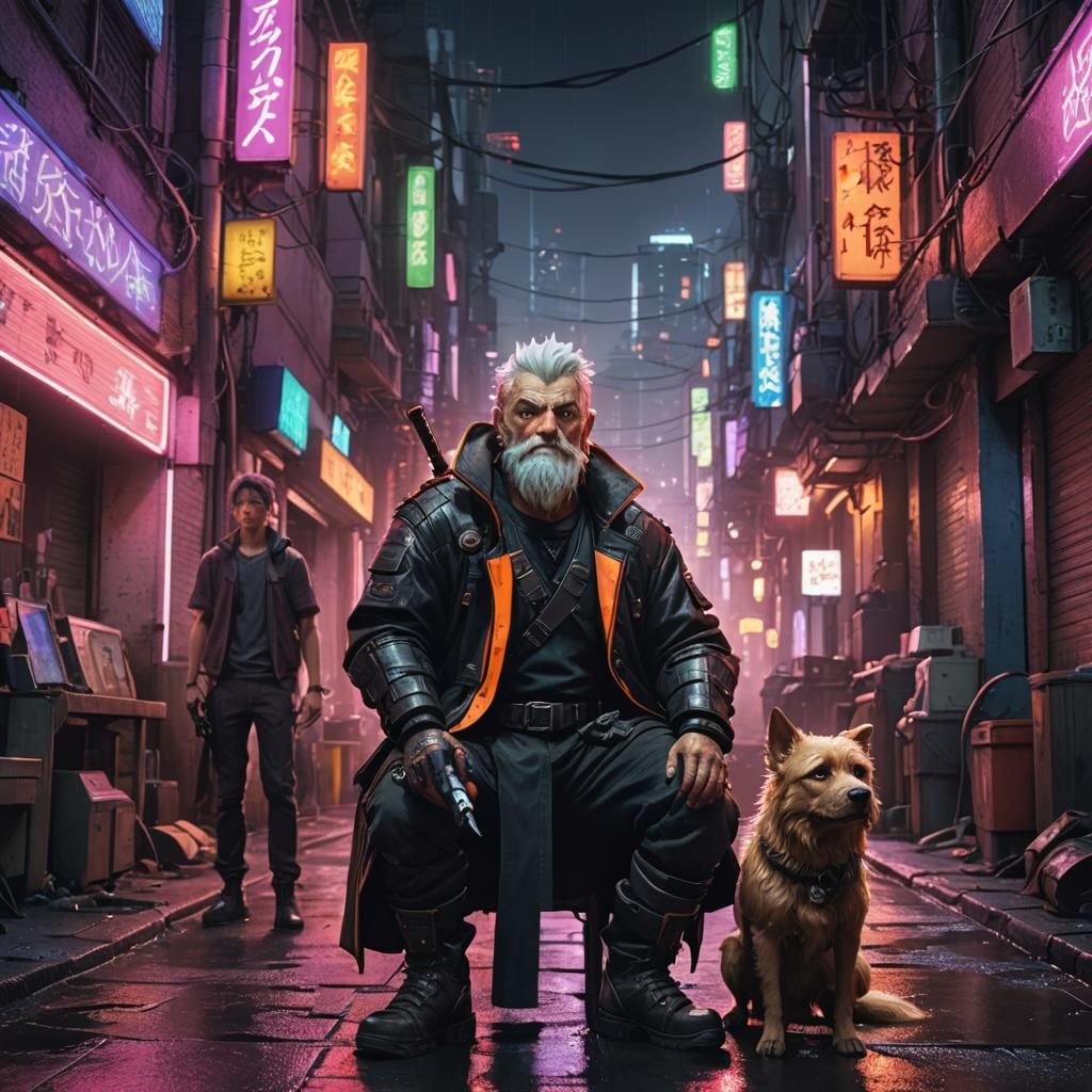 Cyberpunk Dwarf and Dog in Neon Cityscape