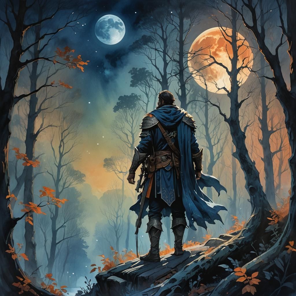 Hero in Mystical Forest Gouache Watercolor Art