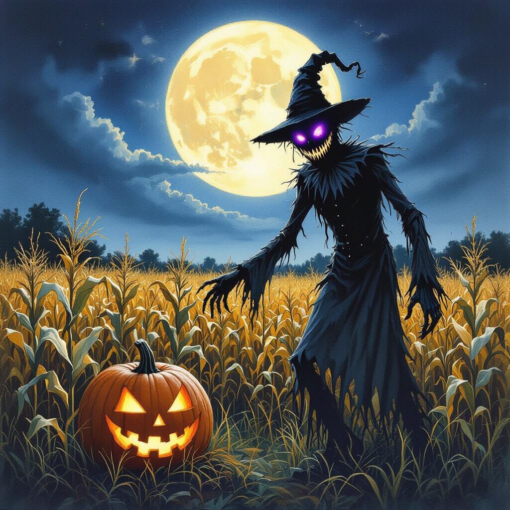 Nightmarish Scarecrow in Moonlit Corn Field