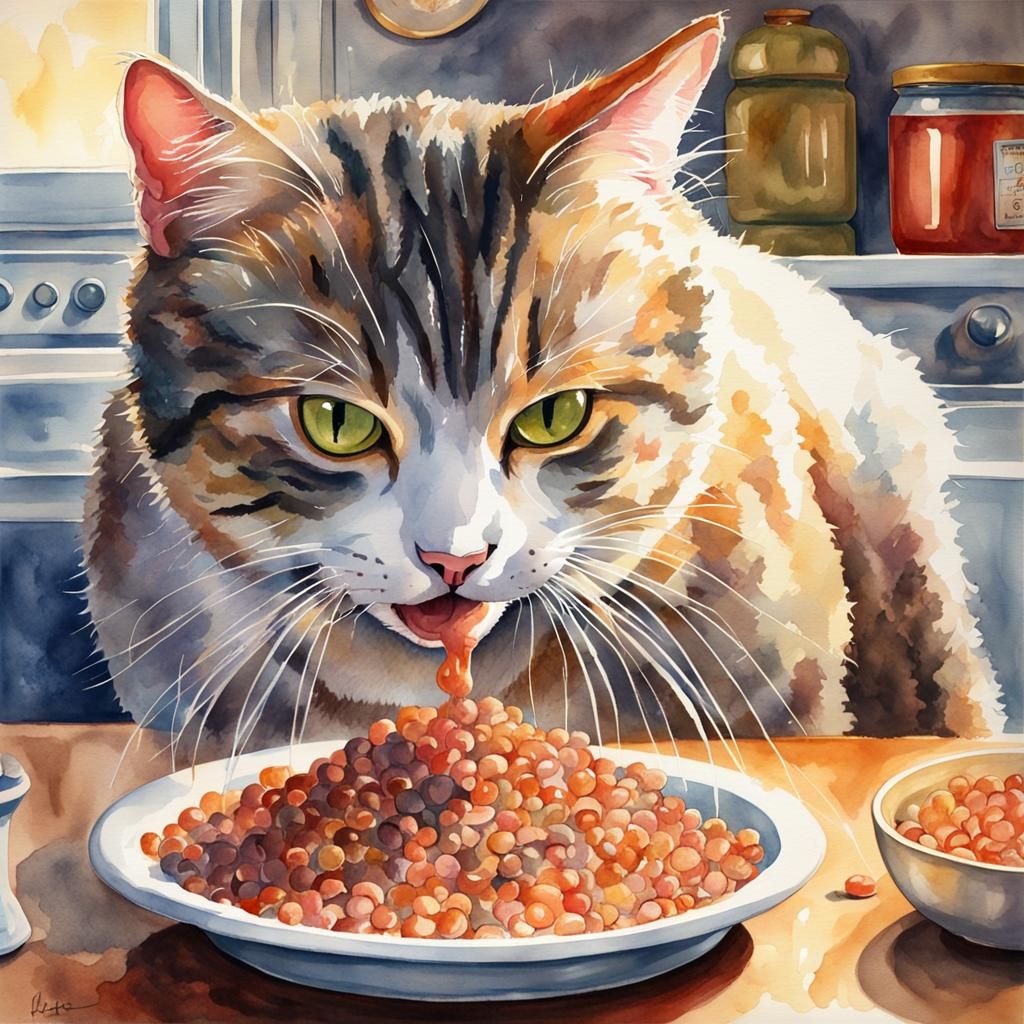 Hyperrealistic Watercolor Cat Enjoying Dinner