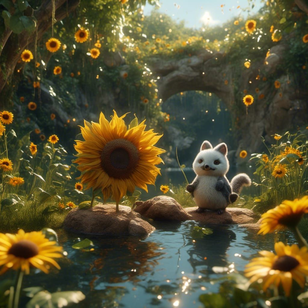 Cute Sunflower Animals Overlooking a Pond