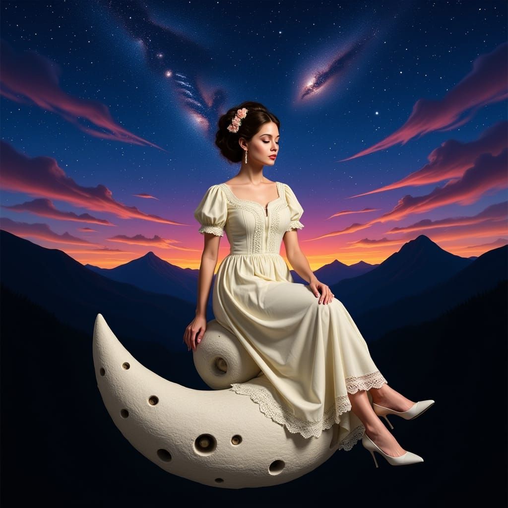 Woman on Crescent Moon in Cosmic Sky, Hyperrealistic Style
