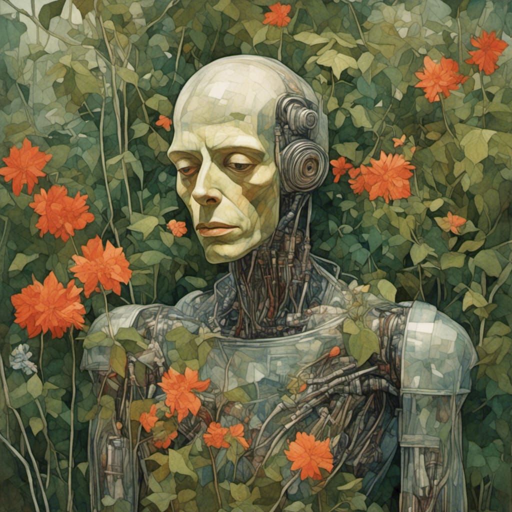 Android Robot in Alien Garden, Hyperrealistic Portrait