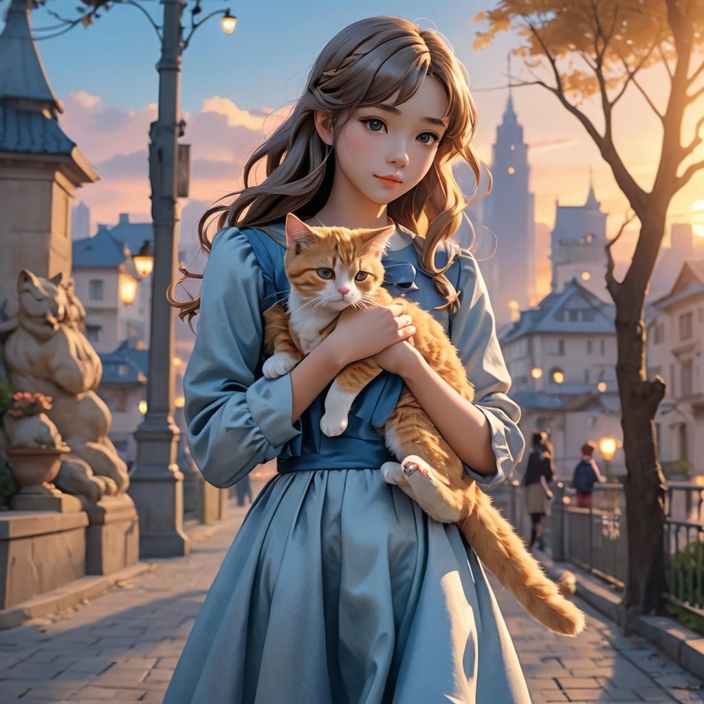 Anime Girl Holding Cat in Golden Light