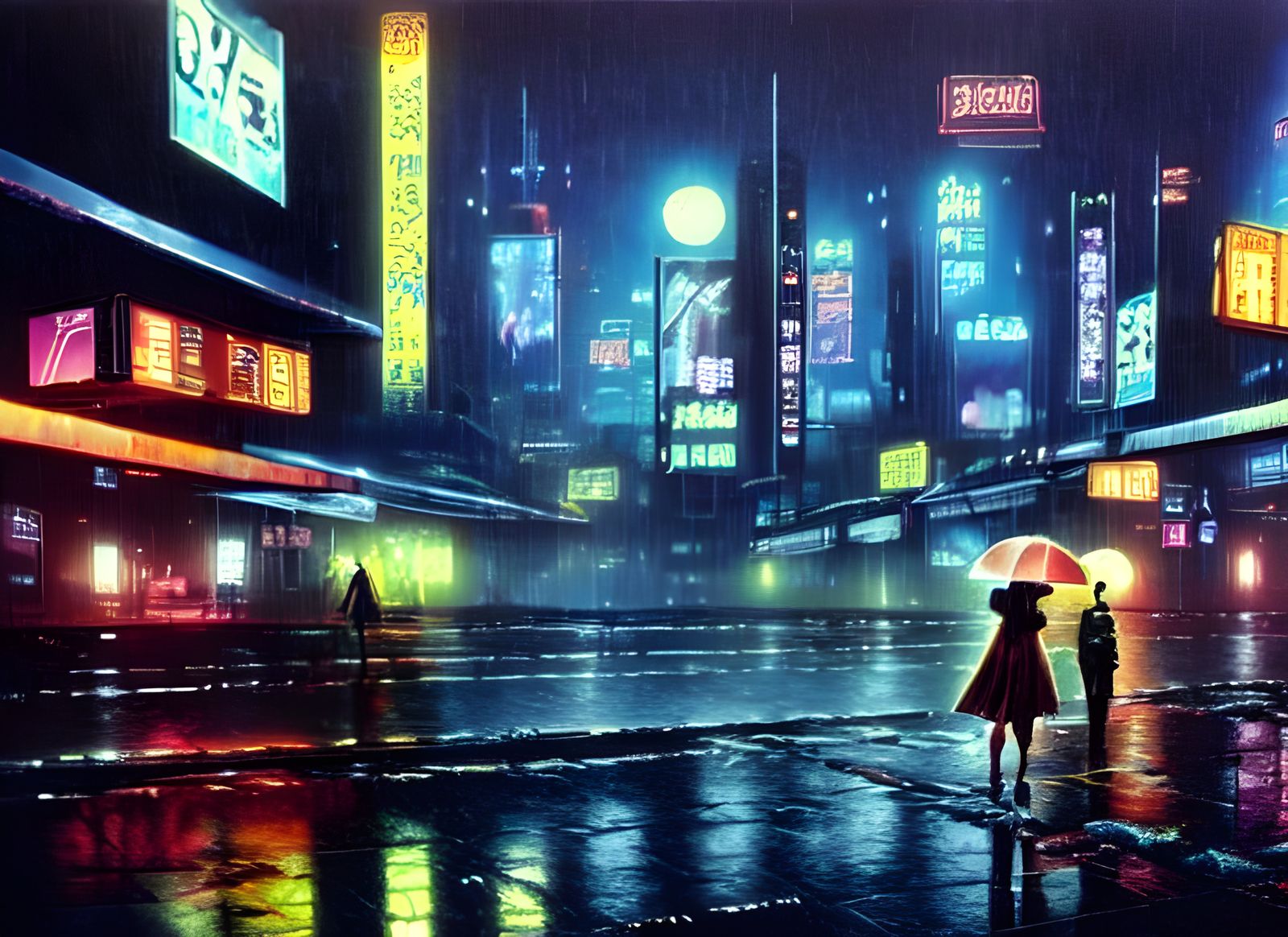 Cyberpunk Cityscape with Girl and Umbrella