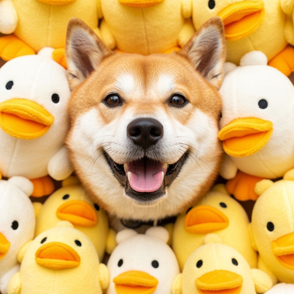 Shiba Inu Dog Peeking From Duck Toy Wall