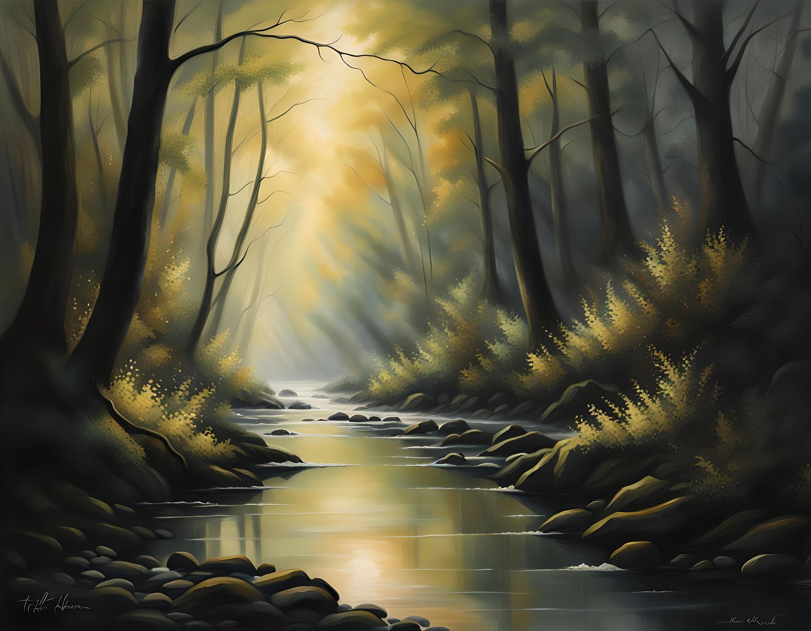 Dreamy River Landscape Painting with Misty Forest