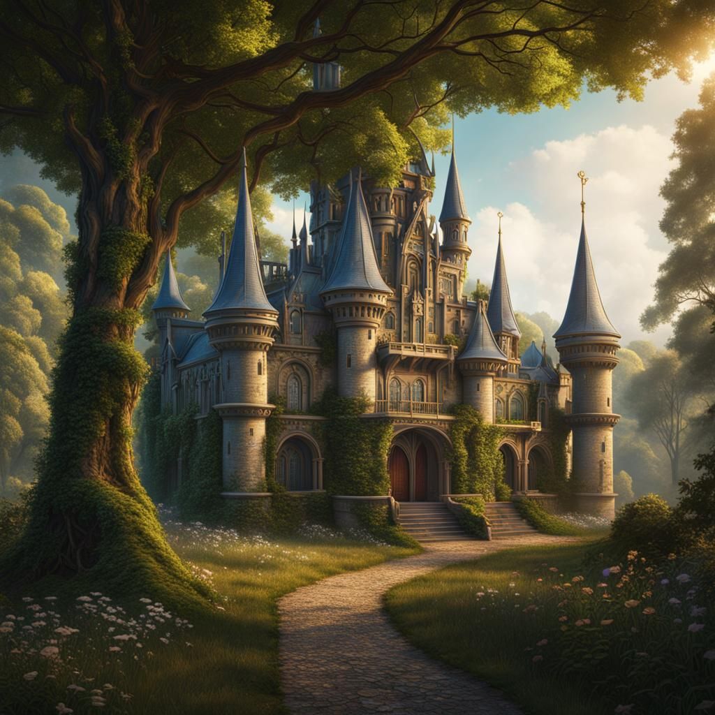 Fantasy Art Nouveau Castle in Wooded Clearing