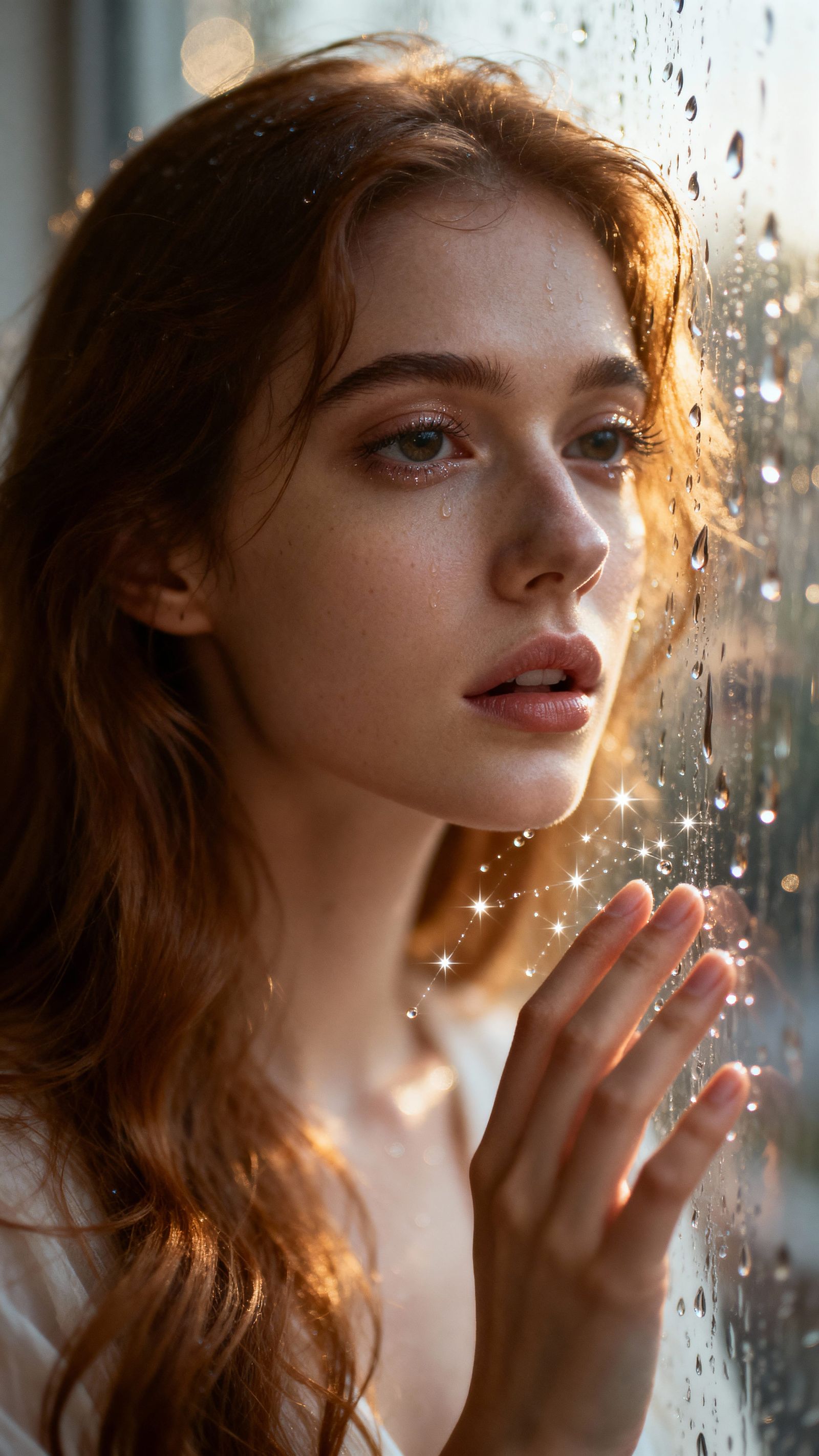 Woman Through Rain-Soaked Glass: Hyper-Realistic Portrait